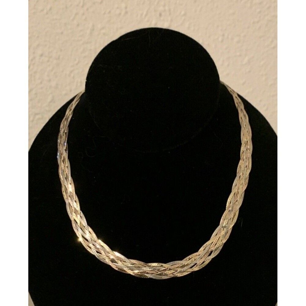 Vintage Sterling Silver Tri Colored Herringbone Necklace Braided 16” 925 Wide